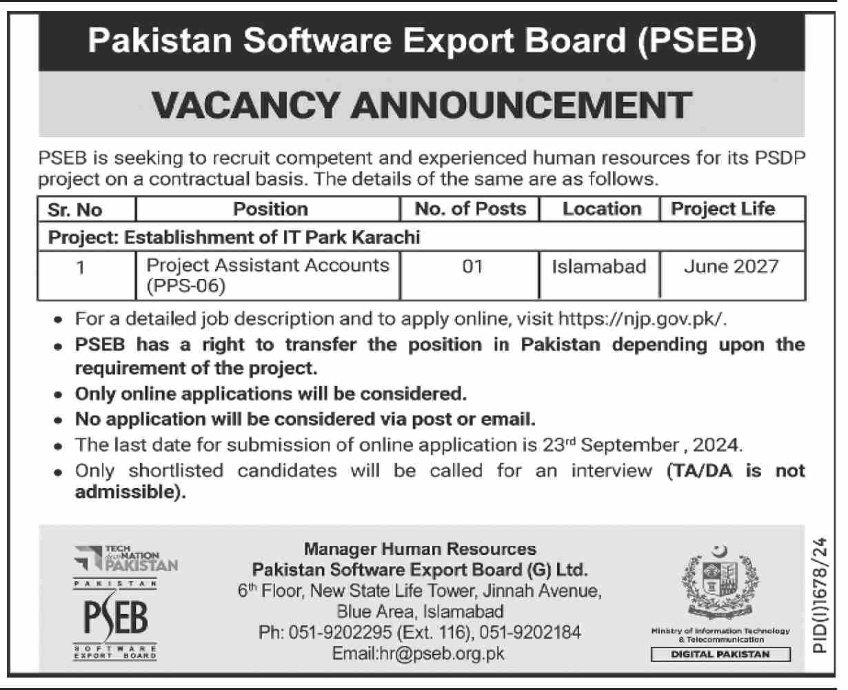 Pakistan Software Export Board PSEB Jobs